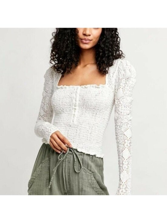 Free People Tops - Free People Size L Top Milkmaid Lace Confection Square Neck Coquett White